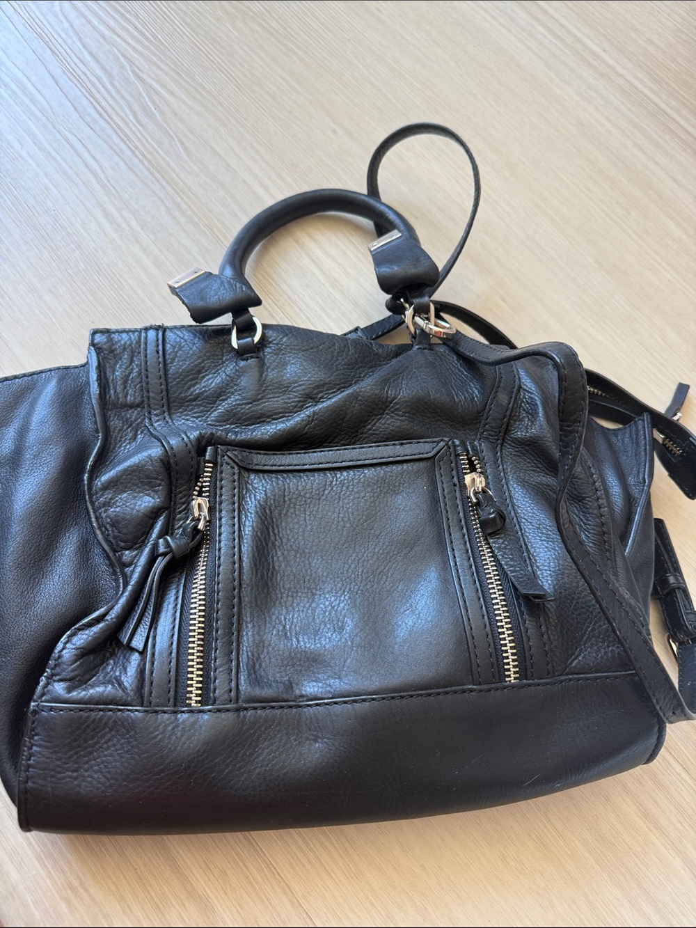 Zara Black Leather Shoulder Bag with Gold Zippers